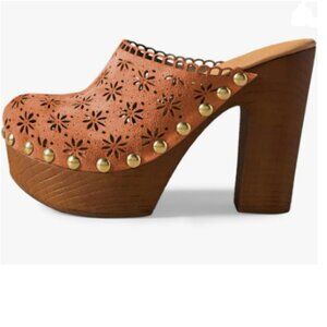 FOWT Coral Studded Round Toe Floral Cut Out Platform Mules Chunky Heel Sandals